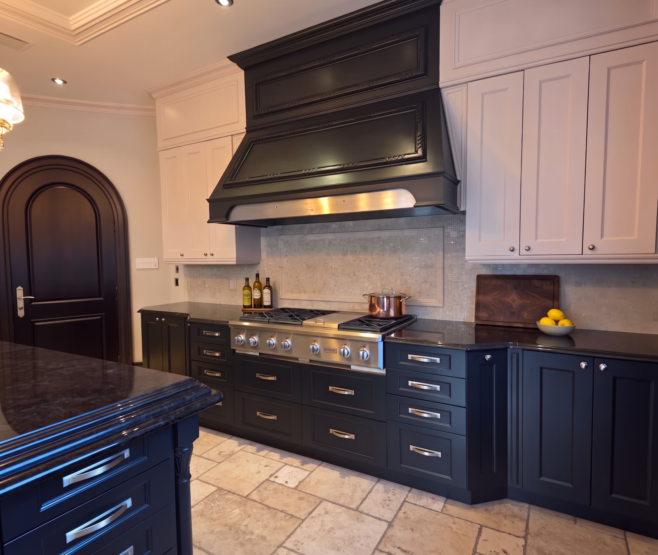 A finished kitchen with black lower cabinets and island under white uppers, a black range hood over a stainless rangetop and dark granite counters